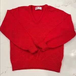 Vintage Isle of Cotton Red Textured V-Neck Sweater | Made in USA | Small